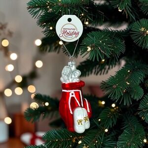 Glass Golf Bag Christmas Ornament Red Silver Destination Holiday 5 inches